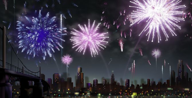 Digital art, city, night, fireworks wallpaper