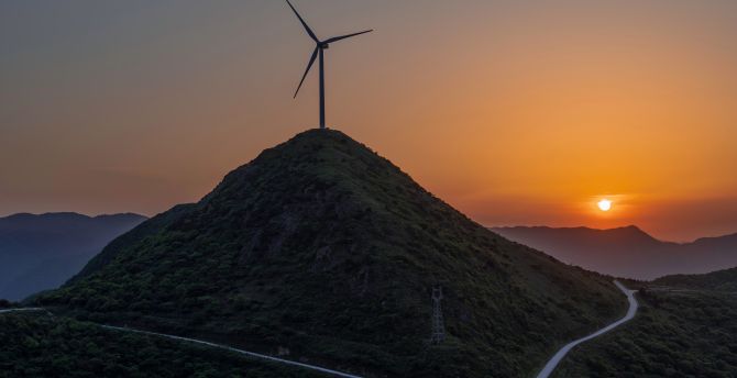 Hill, road, curve, sunset, wind-turbine wallpaper