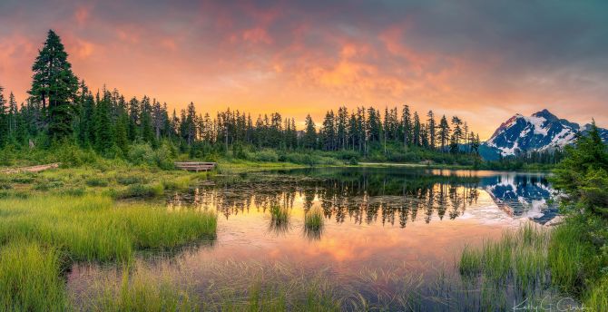 Earth, lake, reflections, sunset, tree, nature wallpaper