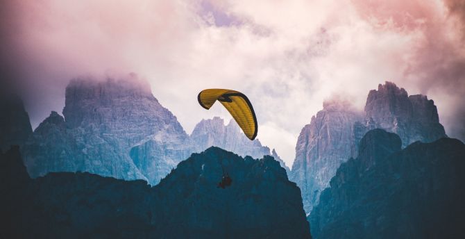 Sports, cliffs, clouds, mist, paragliding wallpaper