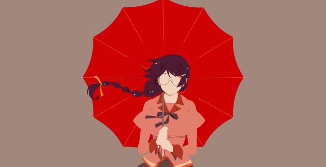 Minimal, anime girl, Umbrella, Tsubasa Hanekawa wallpaper