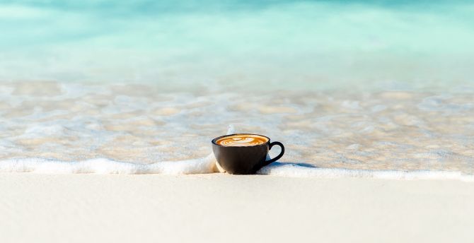 Coffee cup, beach, sea waves, soft, minimal wallpaper