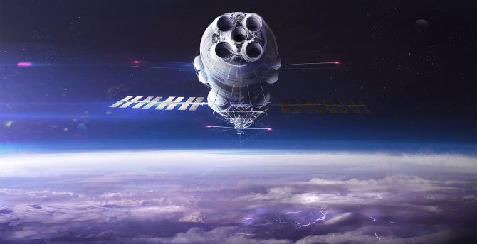 Command spaceship, space, satellite, clouds wallpaper