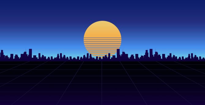 City view, synthwave, moon, silhouette wallpaper