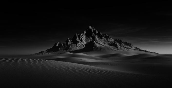 Desert mountains, landscape, sand dunes, dark, bw wallpaper