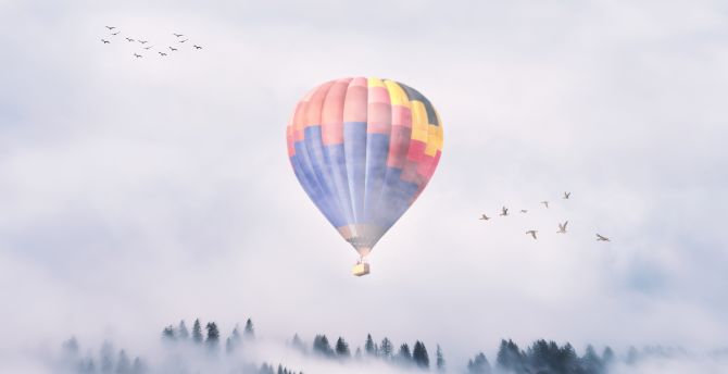 Hot air balloon, fog, sky, clouds, mist wallpaper