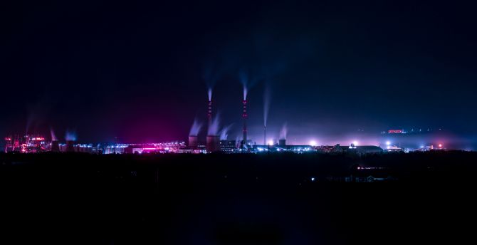 Factory, city, night, silhouette wallpaper