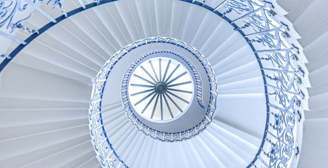 Spiral, white-blue stairs, interior wallpaper