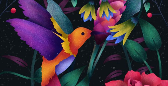 Hummingbird, abstract, colorful, flowers wallpaper