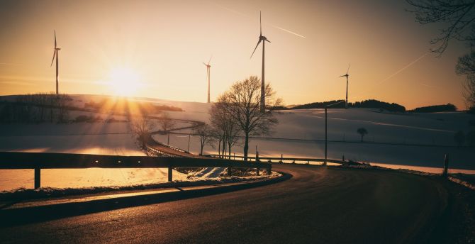 Sunrise, windmills, road, landscape wallpaper