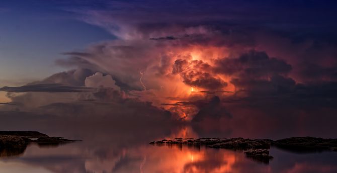 Thunderstorm, dense clouds, sea, reflections, sky wallpaper