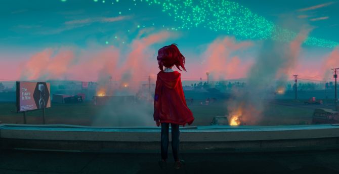 Little anime girl, lost girl, cityscape, art wallpaper
