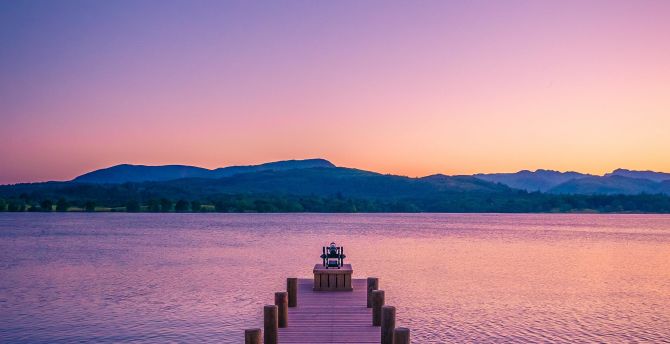 Calm pier, lake, sunset wallpaper