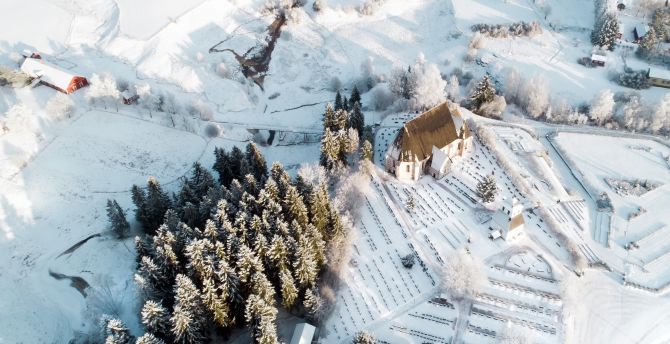 Landscape, winter, tree, house, aerial view wallpaper