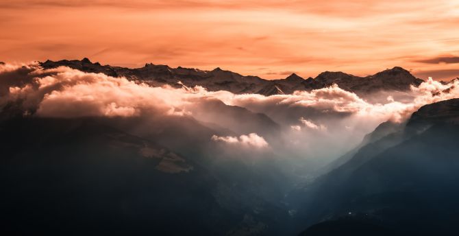 Mountains, clouds, nature, yellow sky wallpaper