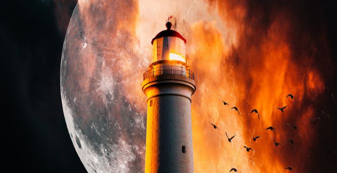 Lighthouse, moon, flame wallpaper