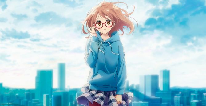 Cute anime girl, glasses, Mirai Kuriyama, Kyoukai no Kanata wallpaper