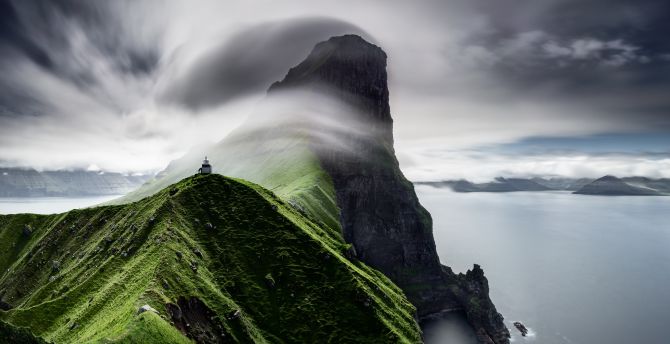 Coast, Faroe Islands, Lighthouse, mountain cliff wallpaper