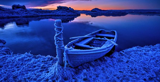 Snow frost, boat, winter, sunset wallpaper
