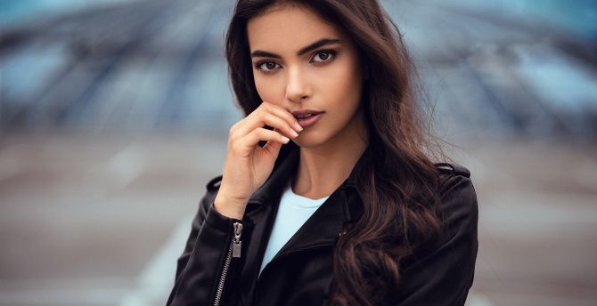 Leather jacket, girl model, long hair wallpaper