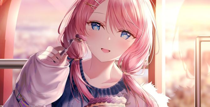 Cute, anime girl, beautiful, eating cake wallpaper
