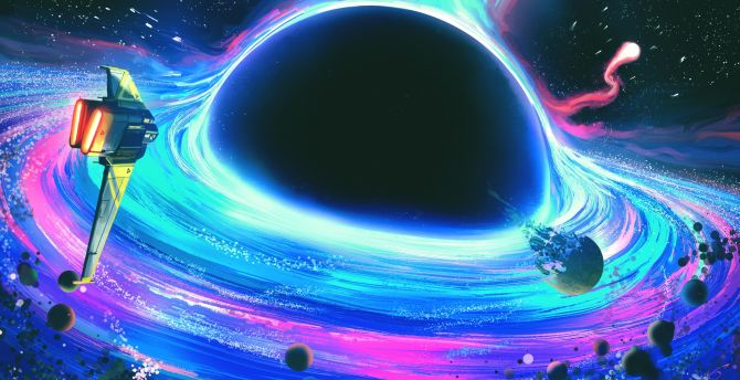 Spaceship move toward black hole, fantasy, art wallpaper