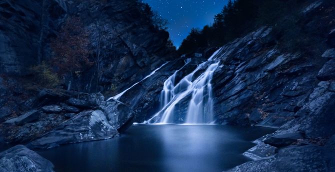 Waterfall, starry sky, night, current, stones wallpaper