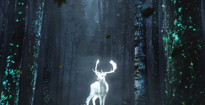 Forest, wild deer, glow, fantasy, art wallpaper