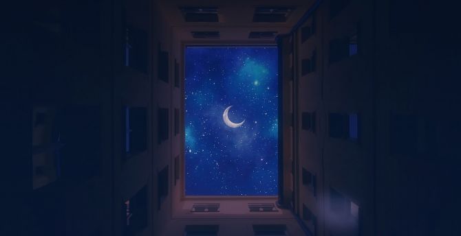 Buildings, moon, night wallpaper