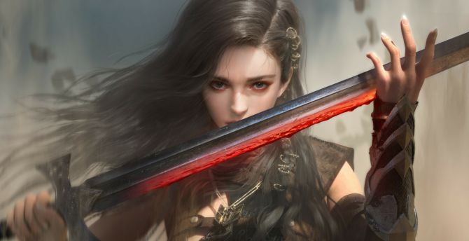 Beautiful female warrior with sword, fantasy wallpaper