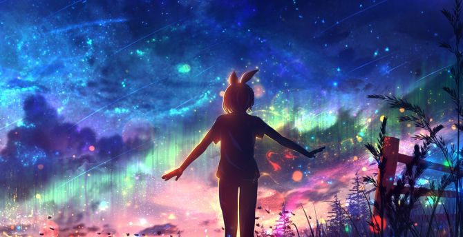 Outdoor, night, colorful sky, fallen stars, anime art wallpaper