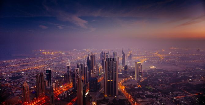 Cityscape, Dubai at night, buildings, sky, aerial view wallpaper