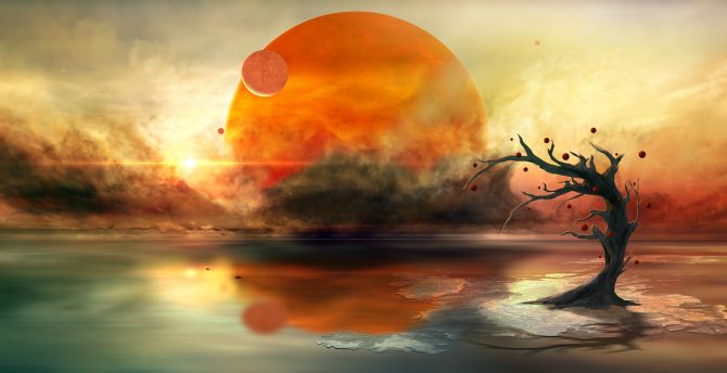 Tree, fantasy, sun, reflections, planet wallpaper
