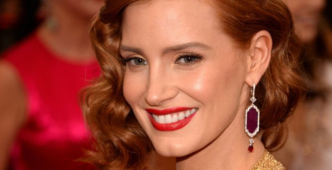 Red lips, smile, Jessica Chastain wallpaper