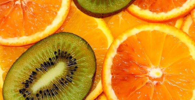 Orange, kiwifruit, slices, fruits, salad, close up wallpaper