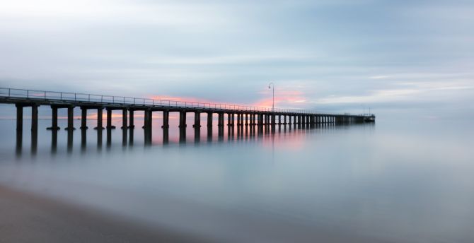 Fog, pier, bridge, seashore, nature wallpaper