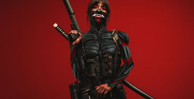Cyberpunk ninja, with katana & gun, art wallpaper