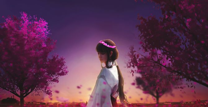 Ancient dress, anime girl, walk, garden, blossom, artwork wallpaper