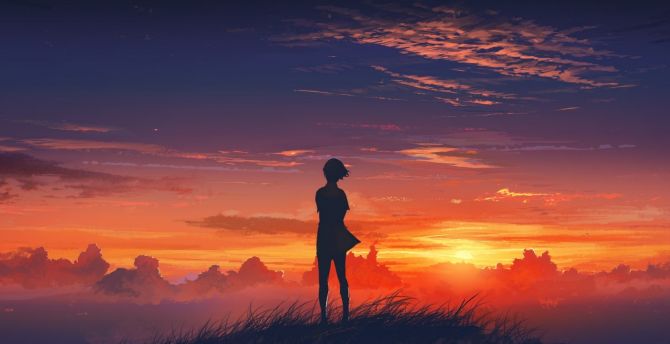 Original, anime, sunset, anime girl, silhouette wallpaper