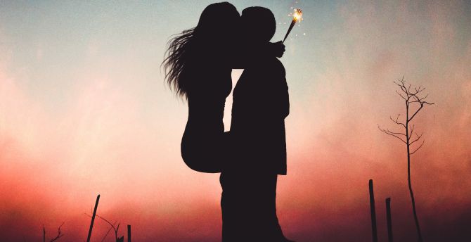 Couple, lovers, kiss, romance, sunset wallpaper
