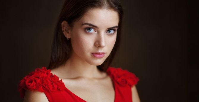 Red dress, cute, woman model, aqua eyes wallpaper