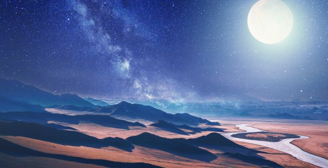 Moon, desert, milky way, landscape wallpaper