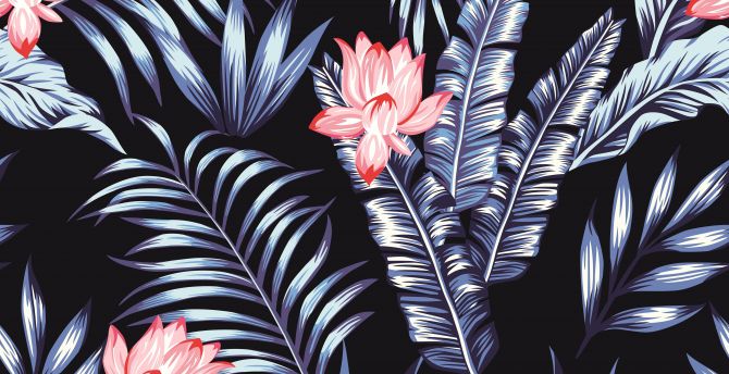 Vector art, leaves & pink flowers, art wallpaper