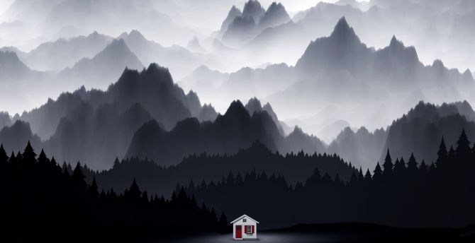 Small cabin in forest, dark, minimal art wallpaper