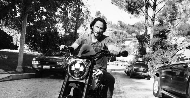 Keanu Reeves, on bike, actor, monochrome wallpaper