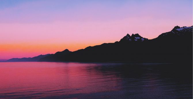 Silhouette, mountains, coast, sea, sunset wallpaper