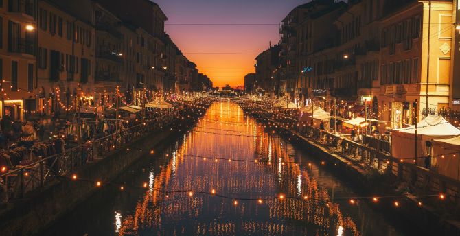 Milan, city, river, night, lights, celebrations wallpaper