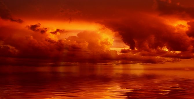Red clouds, storm, sunset, art wallpaper