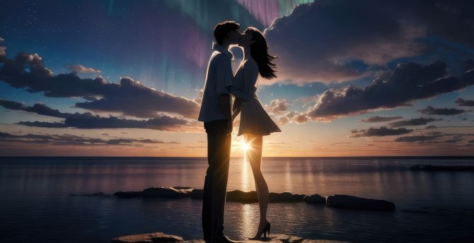 Couple's kiss, at the coast, sunset, art wallpaper