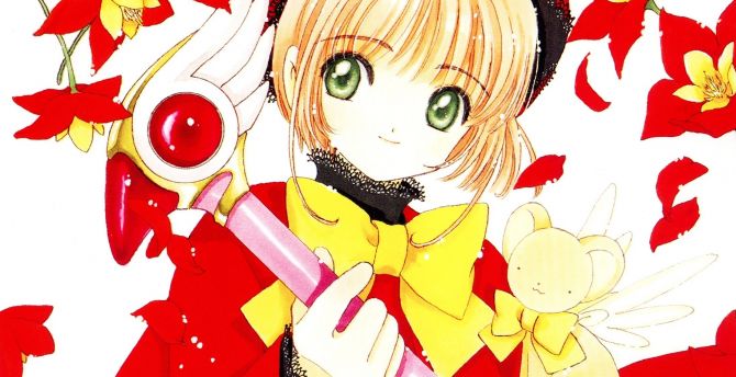 Red flowers, anime girl, green eyes, sakura kinomoto wallpaper